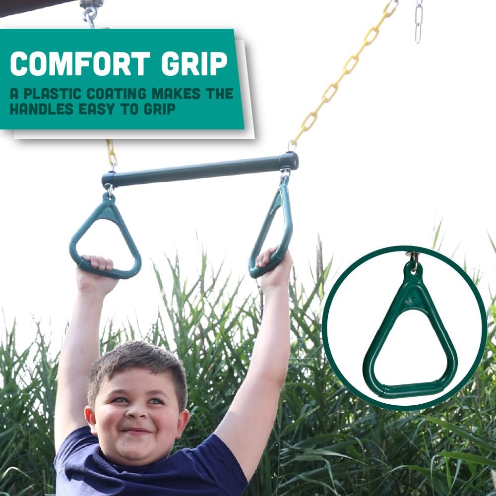 Fully Coated Trapeze Swing Bar with Rings Heavy Duty Chain Swing Set Accessories Designed for Backyard Playground Sets Green