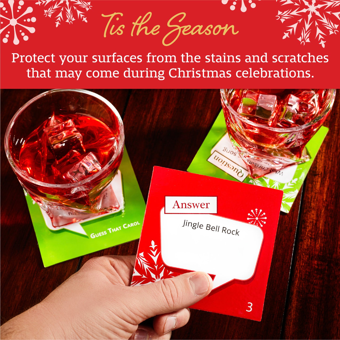 Guess That Carol Holiday Trivia Coasters, Set of 20 Christmas Themed Drink Coasters, Conversation Starter Cards for Family Gatherings and Holiday Parties
