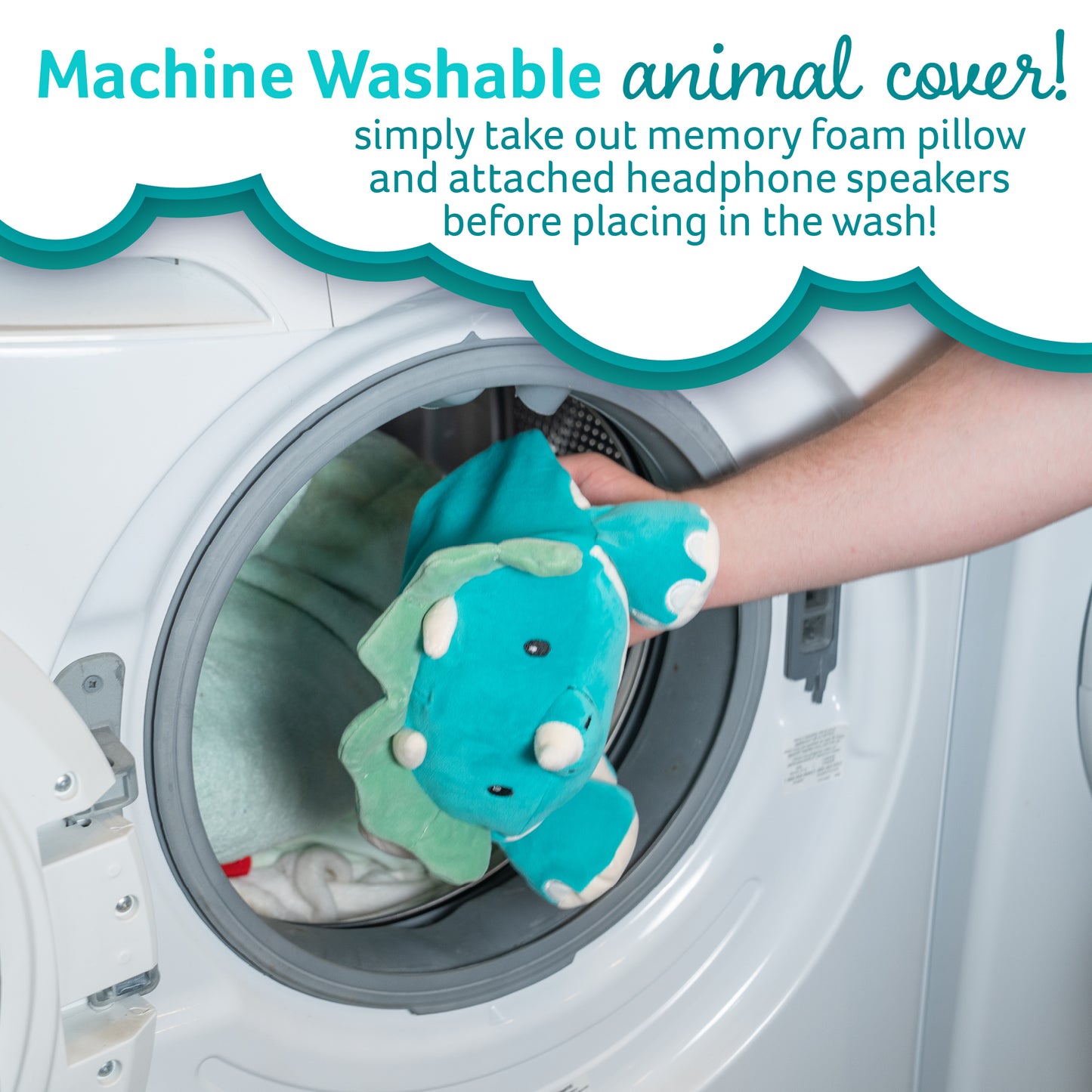 Memory Foam 15” Pillow Plush with Wireless Headphone Speakers Embedded to Play Music, Videos, or Soothing White Noise only Audible to Child Holding The Pillow - Rory The Triceratops