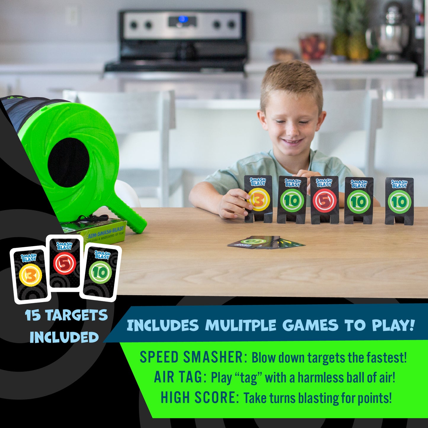 Smash Blast Pro Rapid Fire Air Cannon Vortex Blaster, Hilarious Gift for Pranks or Gags, Indoor Outdoor Play, Fun for Kids Age 8+, Teens, Adults, Kid Safe, 15 Targets Included - Blue