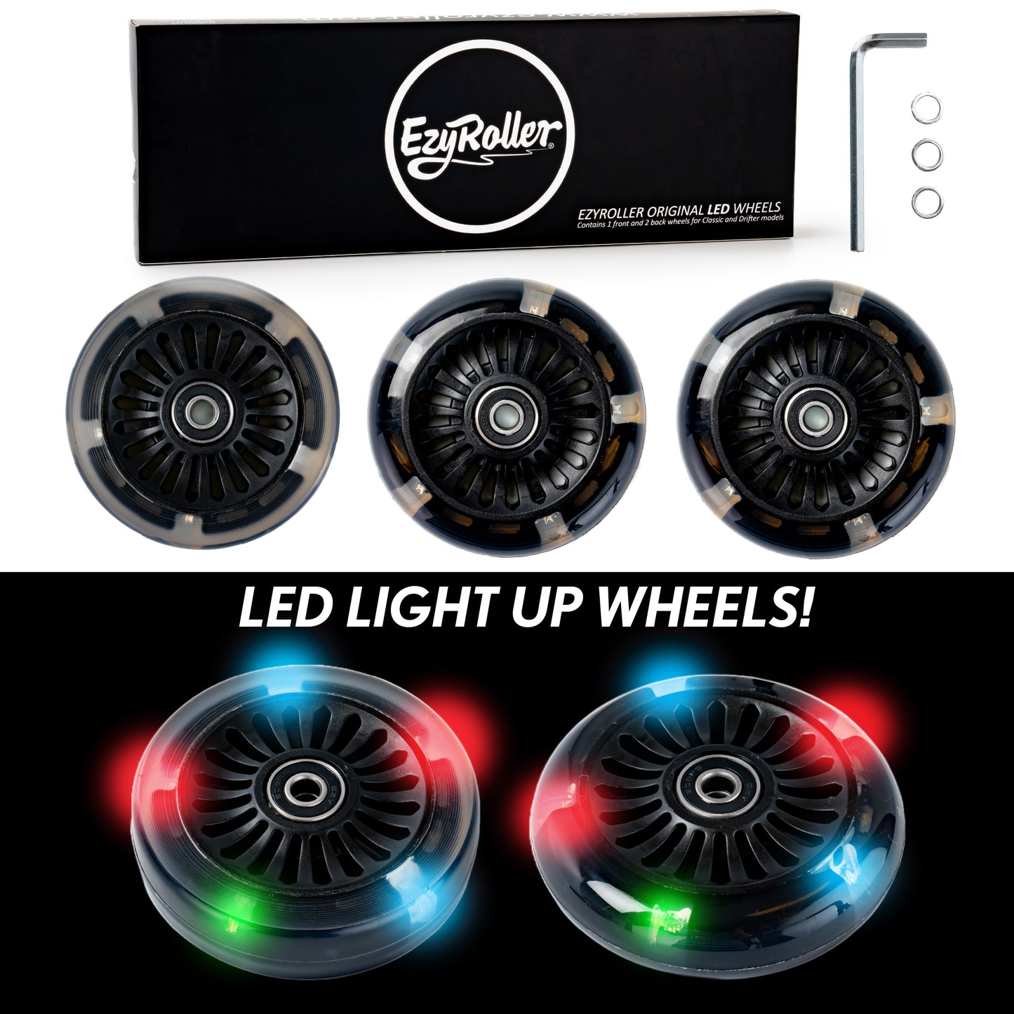 EzyRoller Replacement LED Wheels 96 mm Set of 3 Fits Classic, Drifter, or Drifter X
