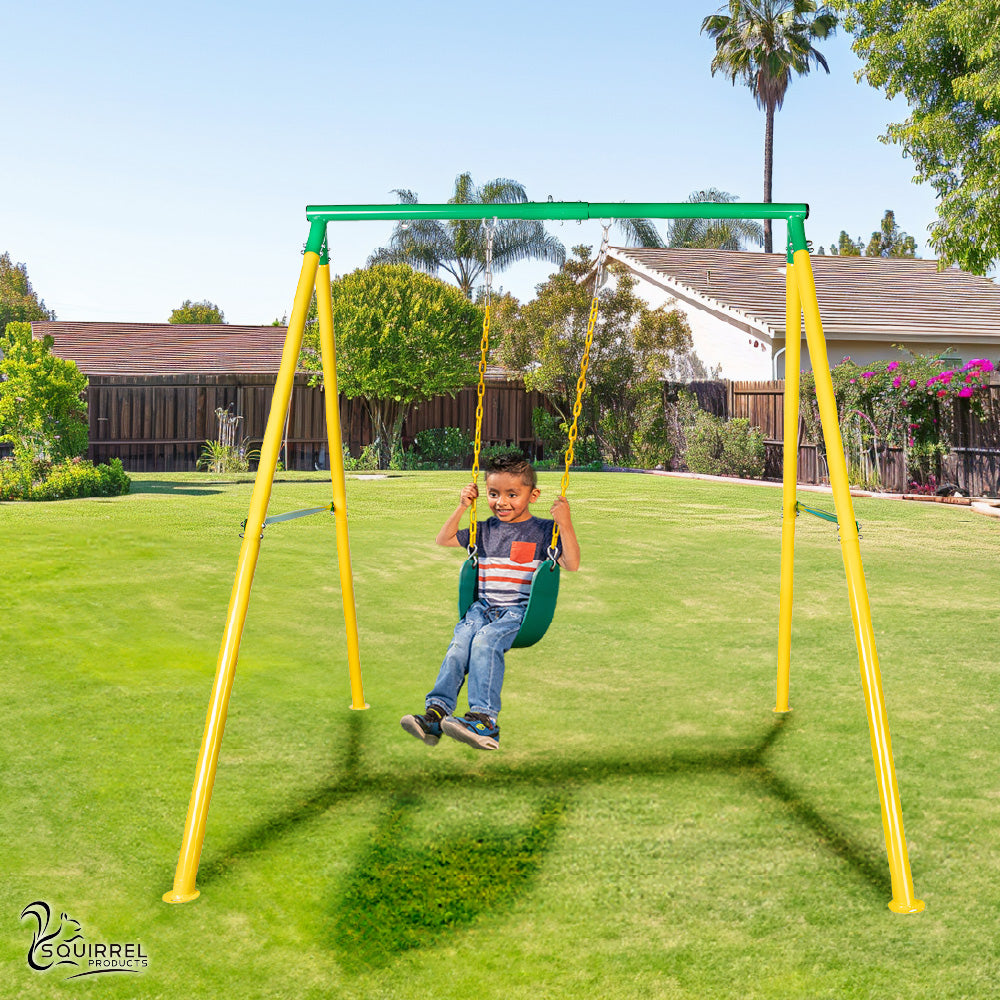 Heavy Duty Swing Set Frame with Strap Swing Seat - Safe & Durable Outdoor Playground Equipment for Kids - Green and Yellow
