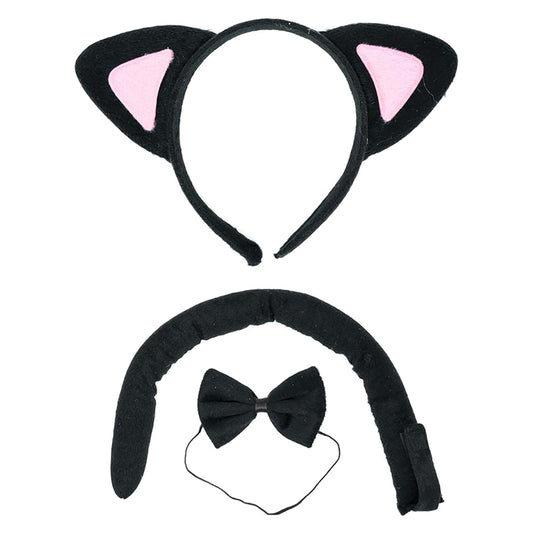 Black Cat Headband Ears, Tail, and Bow Tie Costume Accessory Set, One Size Fits All Ages 3+