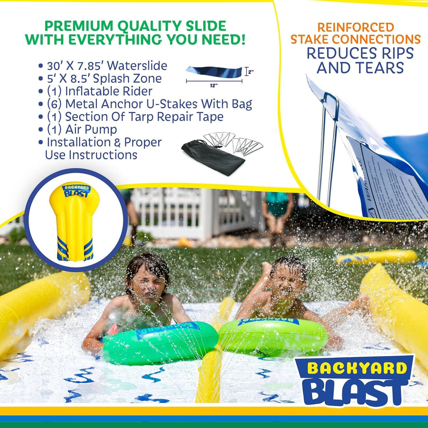 30' Waterslide with Bumpers and Splash Zone, 2 Inflatable Riders and Electric Pump - Easy to Setup - Extra Thick to Prevent Rips & Tears