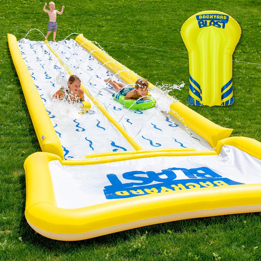 30' Waterslide with Bumpers and Splash Zone, 2 Inflatable Riders and Electric Pump - Easy to Setup - Extra Thick to Prevent Rips & Tears