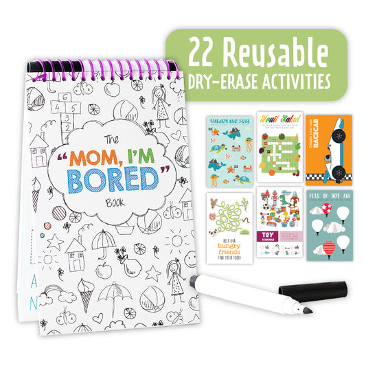 Mom, I'm Bored Children's Activity Book, Fun Reusable Dry Erase Toy - Roadtrip Essentials, Word Games, Screen Free Activites for Kids Ages 3 and Up - Original Version