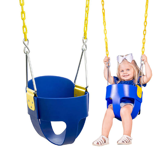 Original High Back Full Bucket Toddler Swing Seat with Plastic Coated Chains for Safety - Blue