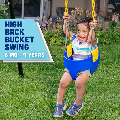 Original High Back Full Bucket Toddler Swing Seat with Plastic Coated Chains for Safety - Blue