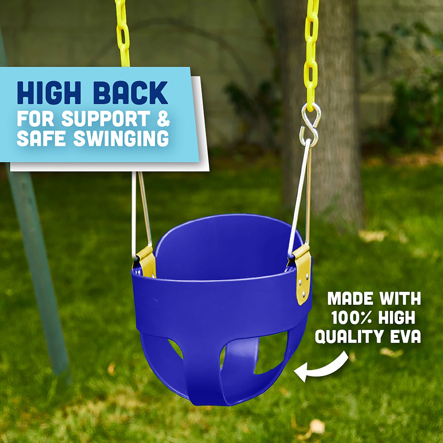 Original High Back Full Bucket Toddler Swing Seat with Plastic Coated Chains for Safety - Blue