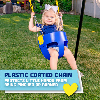 Original High Back Full Bucket Toddler Swing Seat with Plastic Coated Chains for Safety - Blue