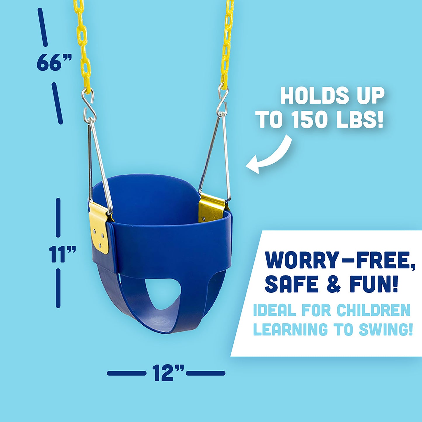 Original High Back Full Bucket Toddler Swing Seat with Plastic Coated Chains for Safety - Blue