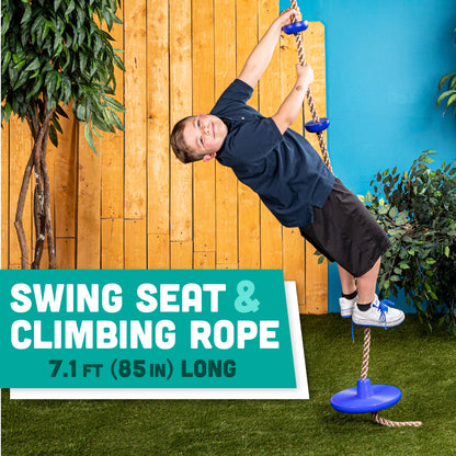 Squirrel Products Climbing Rope with Disc Swing - Active Outdoor Playset Equipment - Blue