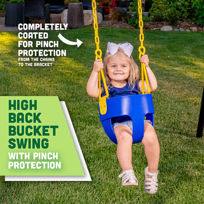 Deluxe High Back Full Bucket Toddler Swing with Exclusive Chain & Triangle Dip Pinch Protection - Blue