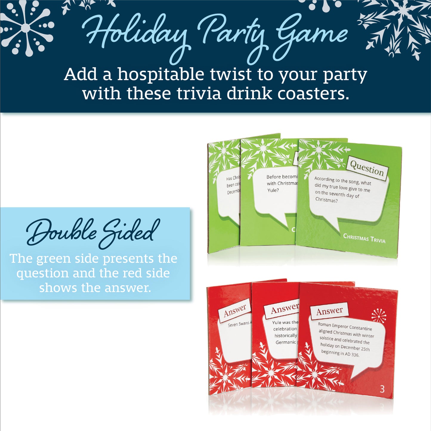 Trivia Holiday Coasters, Set of 20, Drink Coasters with Christmas Questions and Answers, Conversation Starter Cards for Family Gatherings and Holiday Parties