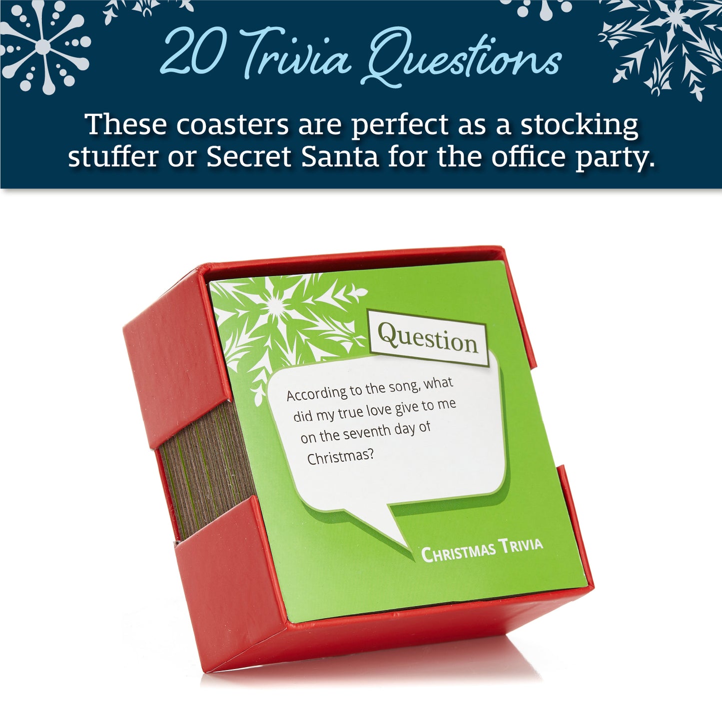 Trivia Holiday Coasters, Set of 20, Drink Coasters with Christmas Questions and Answers, Conversation Starter Cards for Family Gatherings and Holiday Parties