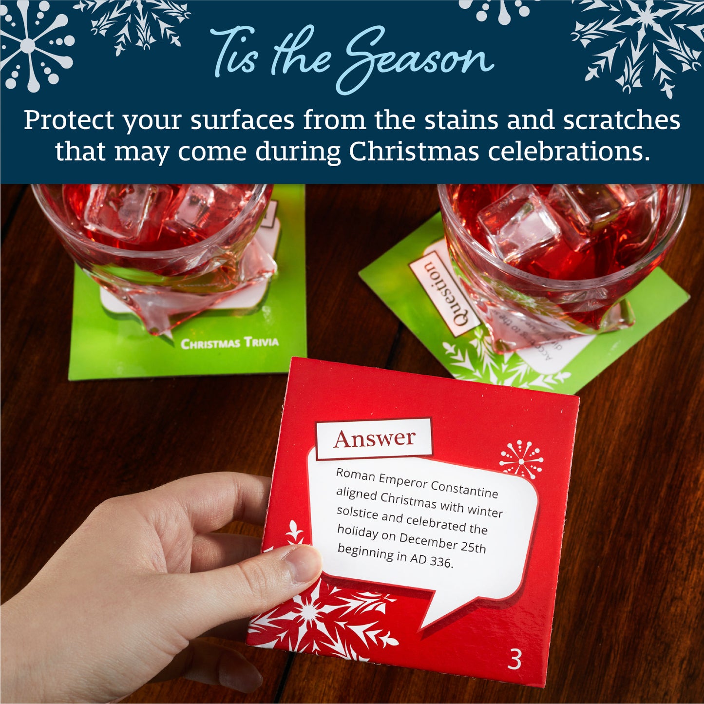 Trivia Holiday Coasters, Set of 20, Drink Coasters with Christmas Questions and Answers, Conversation Starter Cards for Family Gatherings and Holiday Parties