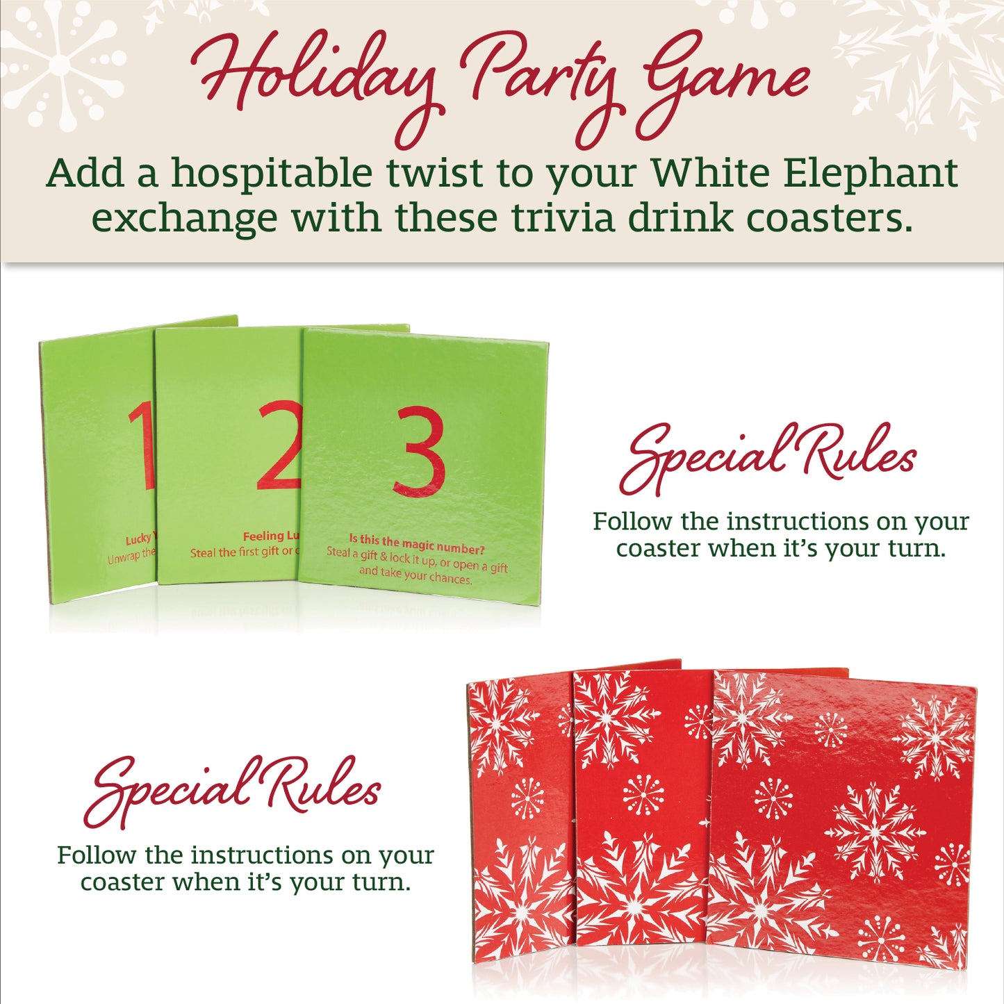 White Elephant Game Holiday Coasters - Set of 20 - Drink Coasters for Christmas Exchange Game