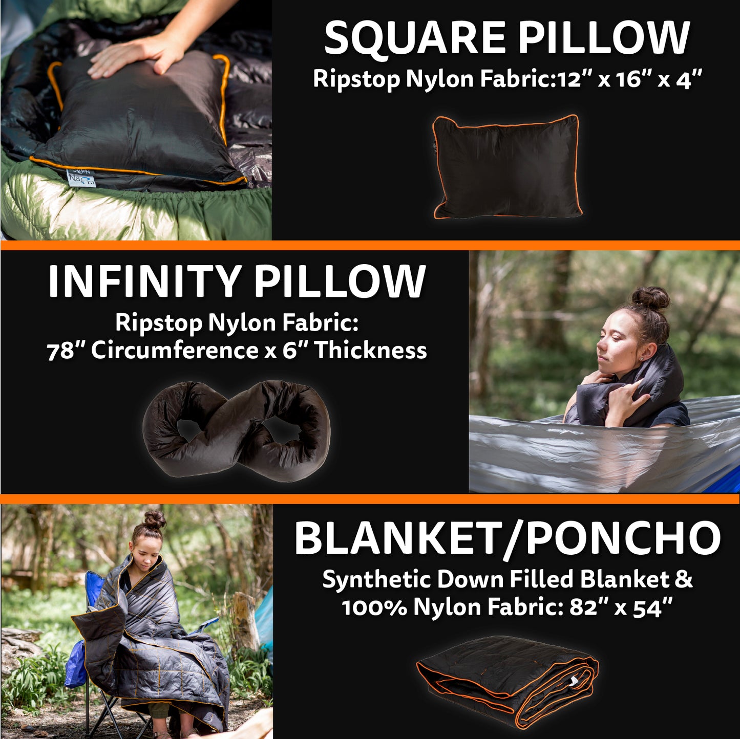 Ripstop Outdoor Camping Pillow and Blanket 3-in-1, Versatile Lightweight Nylon Waterproof Stadium Blanket, Ultralight Backpacking Essentials, Travel Blanket and Pillow Set - Black and Orange