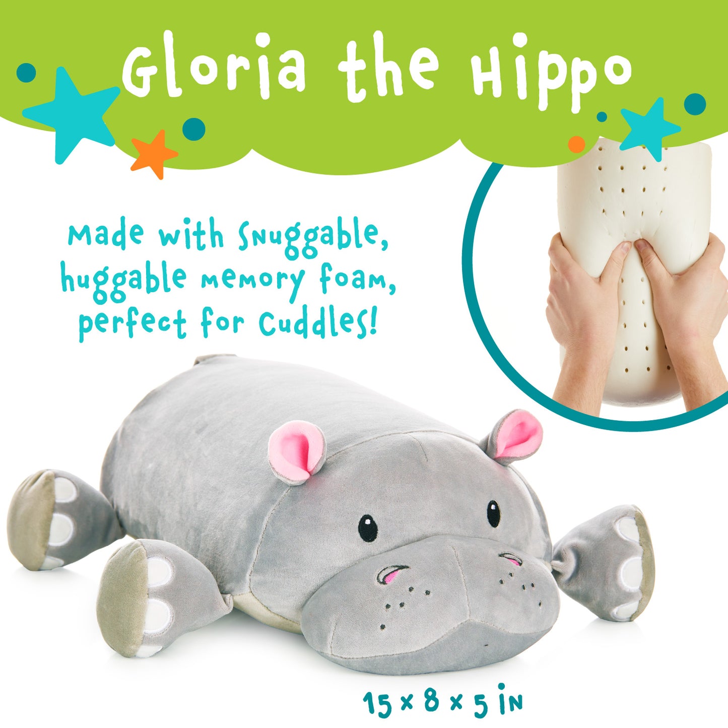 Gloria The Hippo Memory Foam Pillow Plush, 15” Stuffed Animal