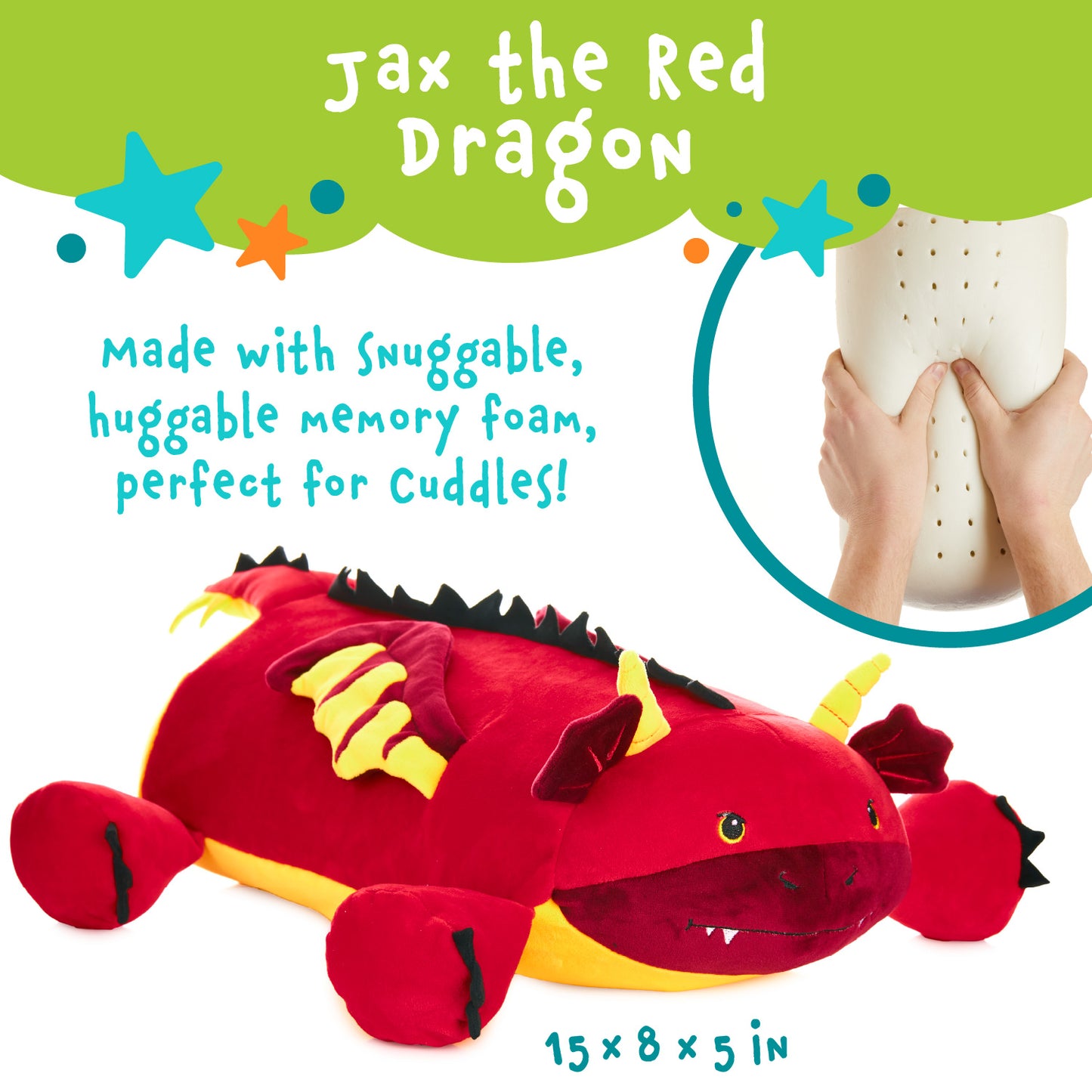 Jax The Red Dragon Memory Foam Pillow Plush,15” Stuffed Animal