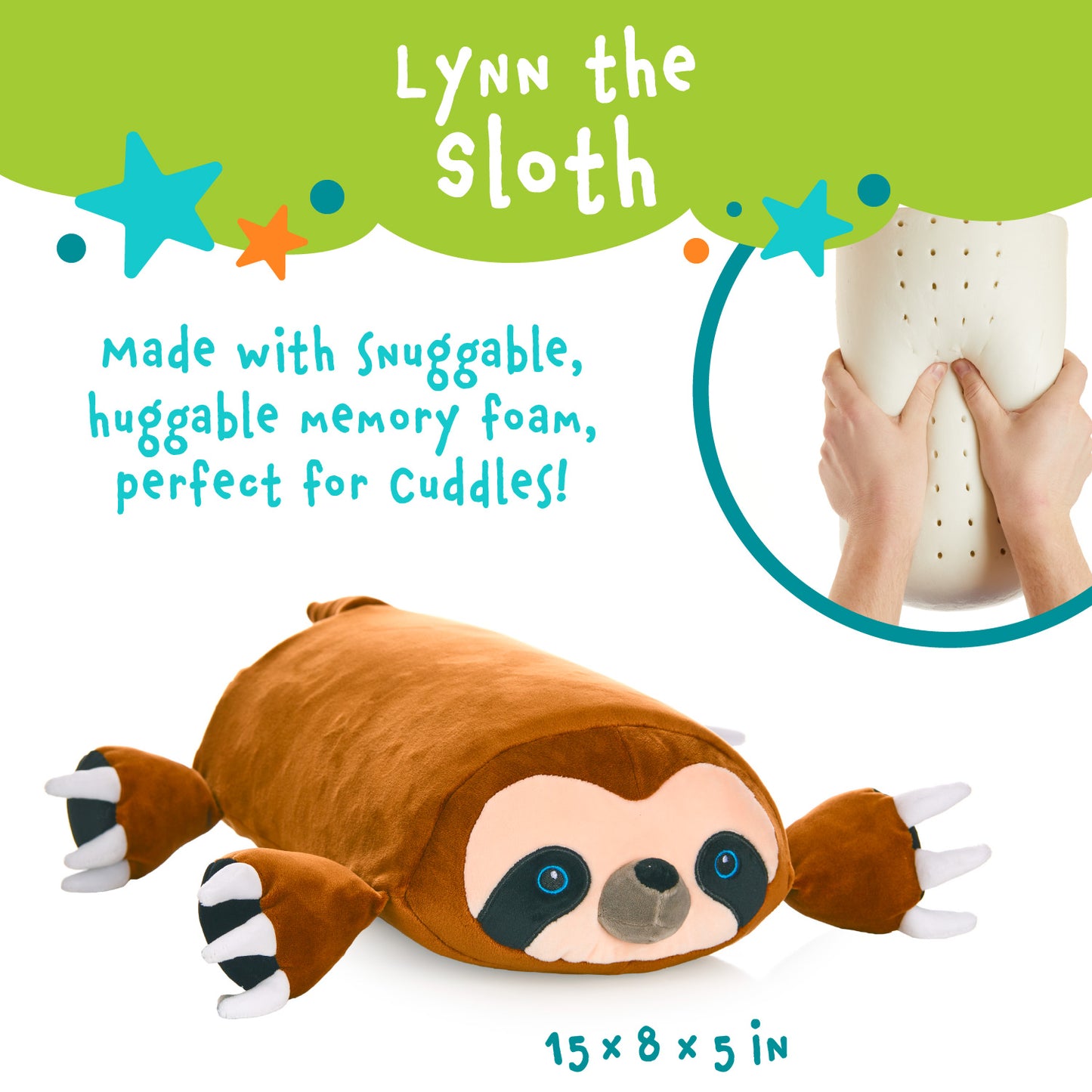 Lynn The Sloth Memory Foam Pillow Plush,15” Stuffed Animal