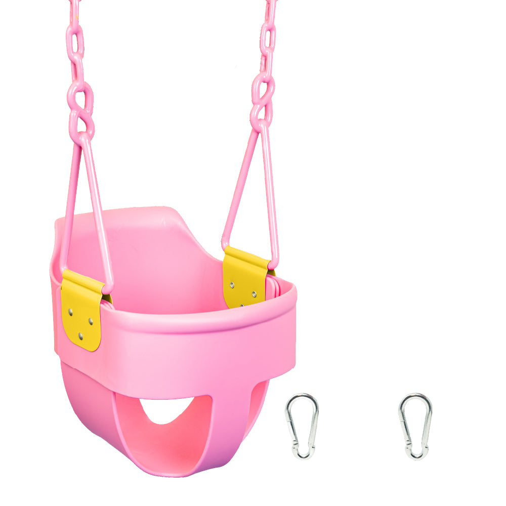 Premium High Back Full Bucket Toddler Swing Seat with Finger Grip, Plastic Coated Chains for Safety and Carabiners for Easy Install - Pink