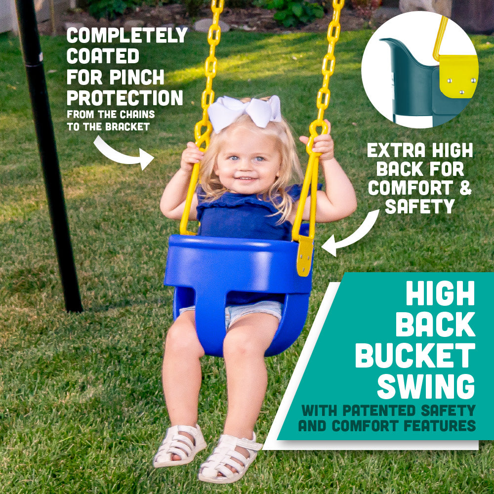 Premium High Back Full Bucket Toddler Swing Seat with Finger Grip, Plastic Coated Chains for Safety and Carabiners for Easy Install - Blue