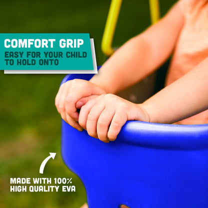 Premium High Back Full Bucket Toddler Swing Seat with Finger Grip, Plastic Coated Chains for Safety and Carabiners for Easy Install - Blue