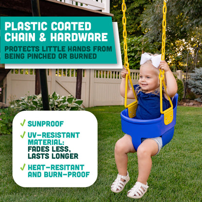 Premium High Back Full Bucket Toddler Swing Seat with Finger Grip, Plastic Coated Chains for Safety and Carabiners for Easy Install - Blue