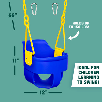 Premium High Back Full Bucket Toddler Swing Seat with Finger Grip, Plastic Coated Chains for Safety and Carabiners for Easy Install - Blue