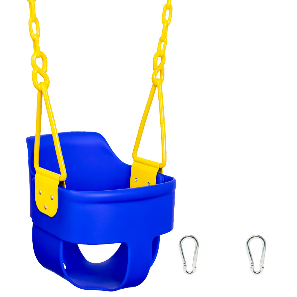 Premium High Back Full Bucket Toddler Swing Seat with Finger Grip, Plastic Coated Chains for Safety and Carabiners for Easy Install - Blue