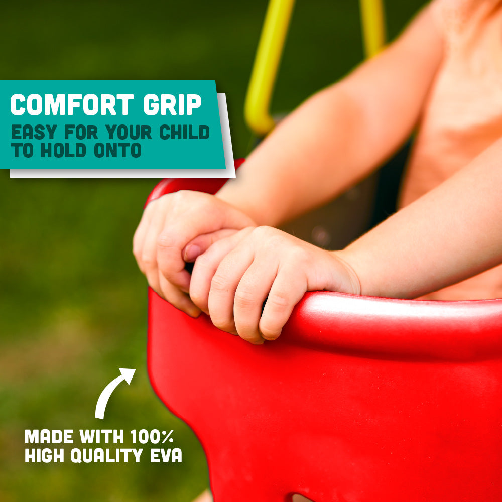 Premium High Back Full Bucket Toddler Swing Seat with Finger Grip, Plastic Coated Chains for Safety and Carabiners for Easy Install - Red