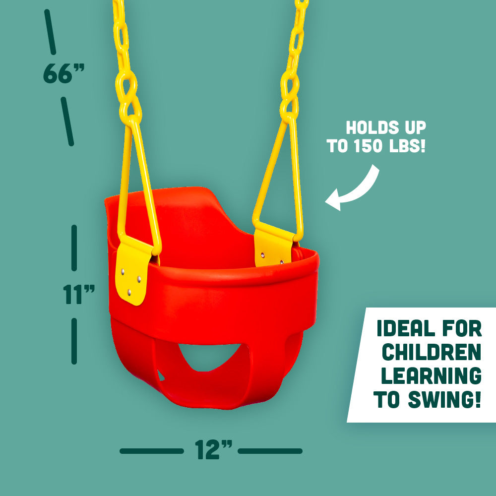 Premium High Back Full Bucket Toddler Swing Seat with Finger Grip, Plastic Coated Chains for Safety and Carabiners for Easy Install - Red