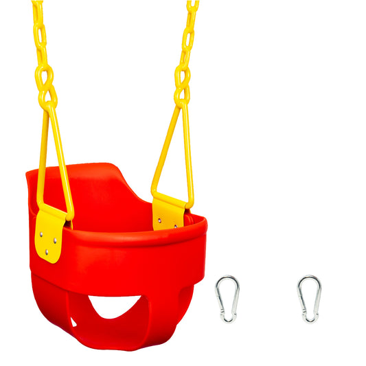 Premium High Back Full Bucket Toddler Swing Seat with Finger Grip, Plastic Coated Chains for Safety and Carabiners for Easy Install - Red