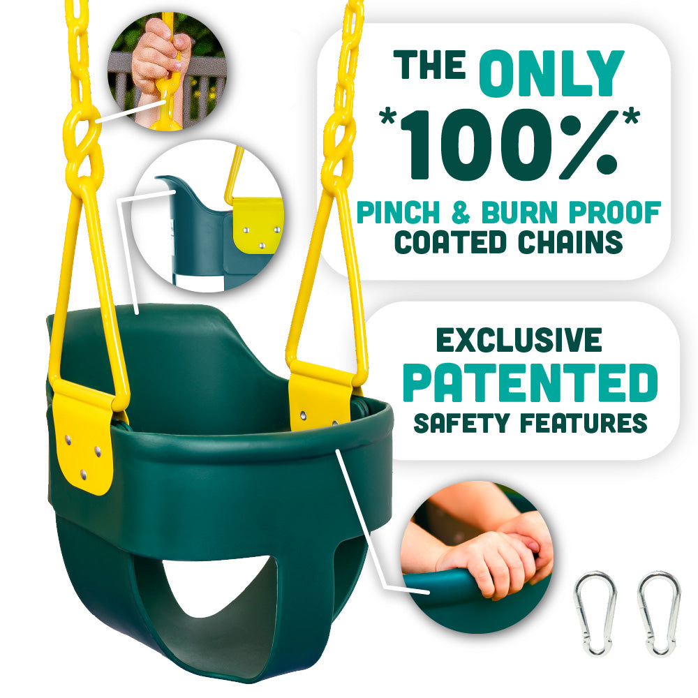 Premium High Back Full Bucket Toddler Swing Seat with Finger Grip, Plastic Coated Chains for Safety and Carabiners for Easy Install - Green