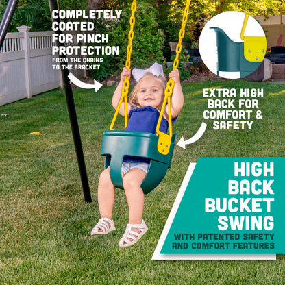 Premium High Back Full Bucket Toddler Swing Seat with Finger Grip, Plastic Coated Chains for Safety and Carabiners for Easy Install - Green