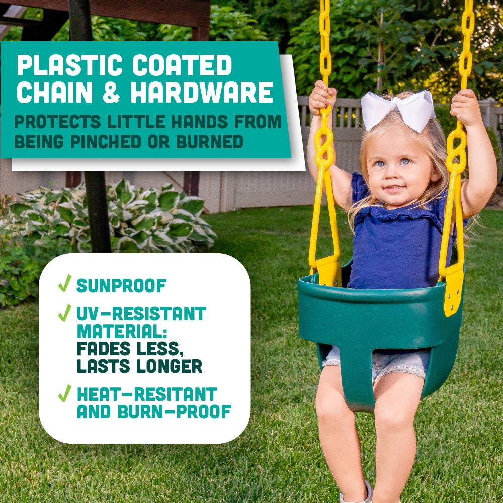 Premium High Back Full Bucket Toddler Swing Seat with Finger Grip, Plastic Coated Chains for Safety and Carabiners for Easy Install - Green