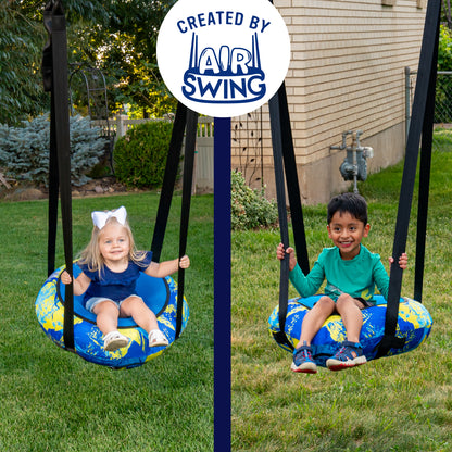 AIR Swing Round Inflatable Saucer Tree Swing - Heavy-Duty & Safe, Adjustable Indoor & Outdoor Swing for Kids 3+, for Any Jungle Gym Playground or Treehouse, 26" Blue/Yellow