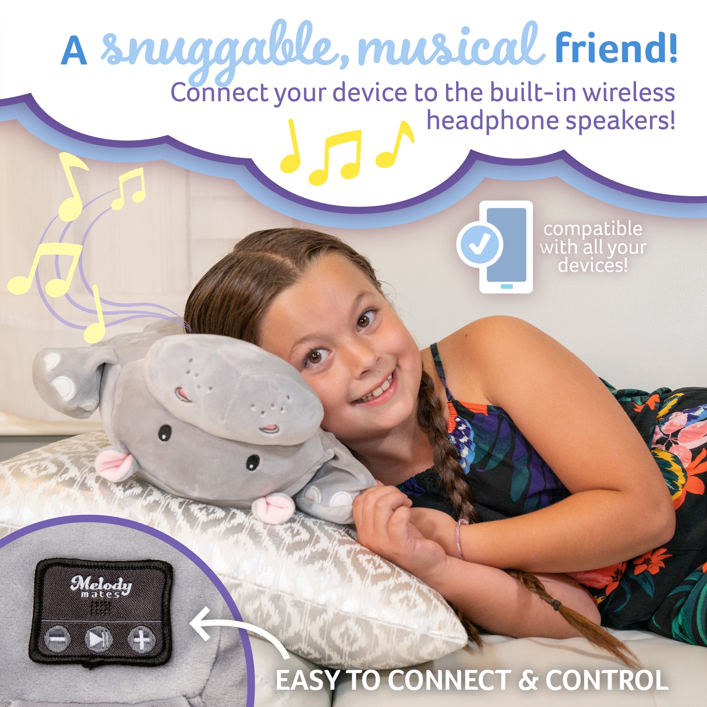 Memory Foam 15” Pillow Plush Embedded with Wireless Headphone Speakers to Play Music, Videos, or Soothing White Noise only Audible to Child Holding The Pillow - Gloria The Hippo