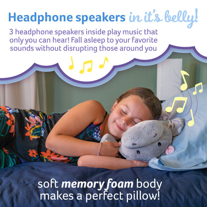 Memory Foam 15” Pillow Plush Embedded with Wireless Headphone Speakers to Play Music, Videos, or Soothing White Noise only Audible to Child Holding The Pillow - Gloria The Hippo