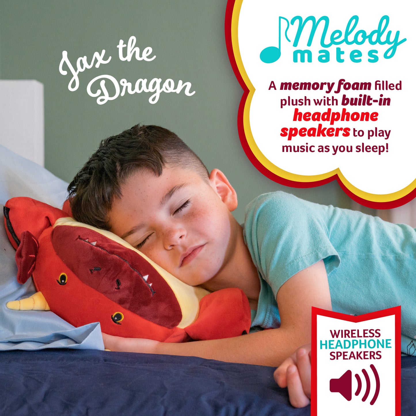 Memory Foam 15” Pillow Plush with Wireless Headphone Speakers Embedded to Play Music, Videos, or Soothing White Noise only Audible to Child Holding The Pillow - Jax The Red Dragon