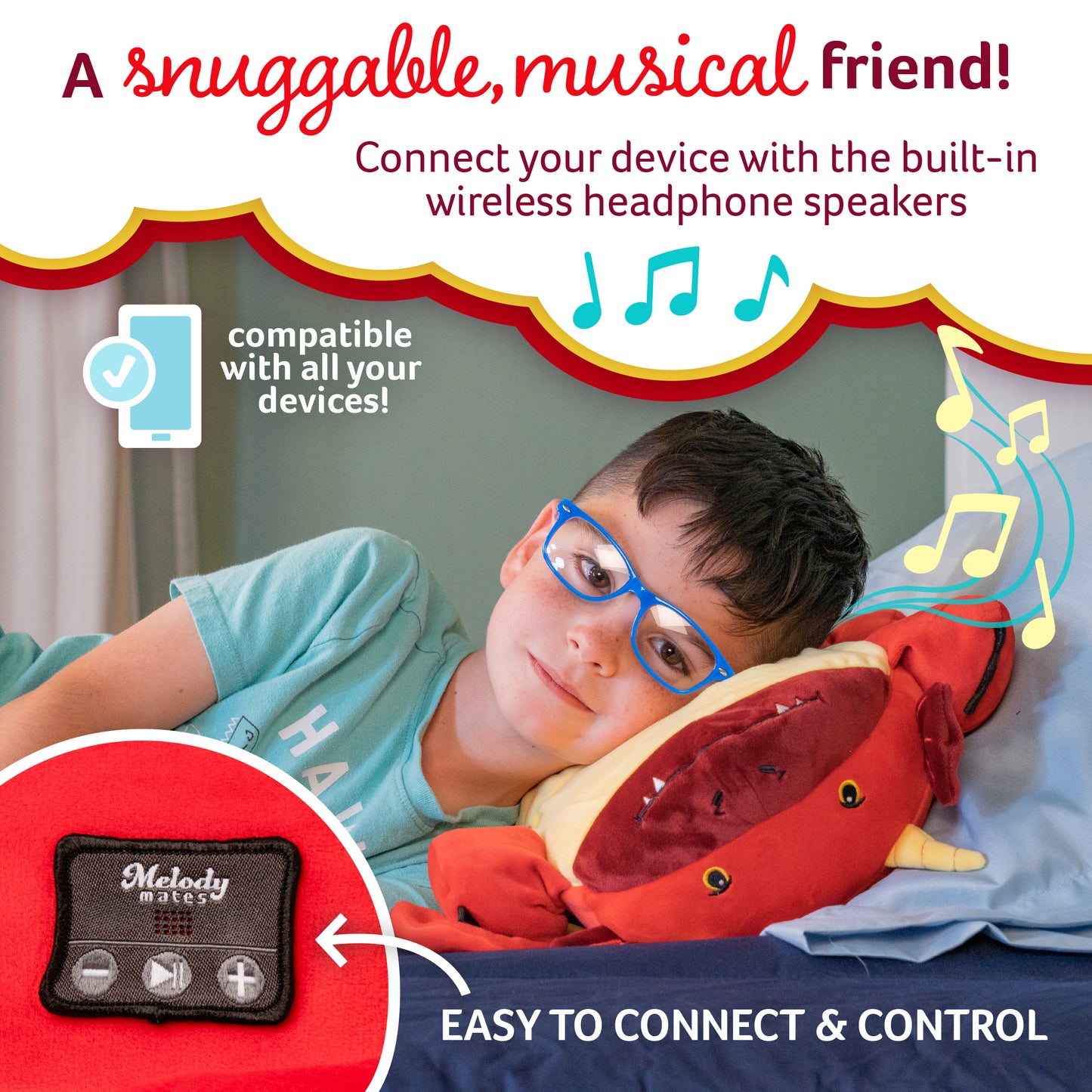 Memory Foam 15” Pillow Plush with Wireless Headphone Speakers Embedded to Play Music, Videos, or Soothing White Noise only Audible to Child Holding The Pillow - Jax The Red Dragon