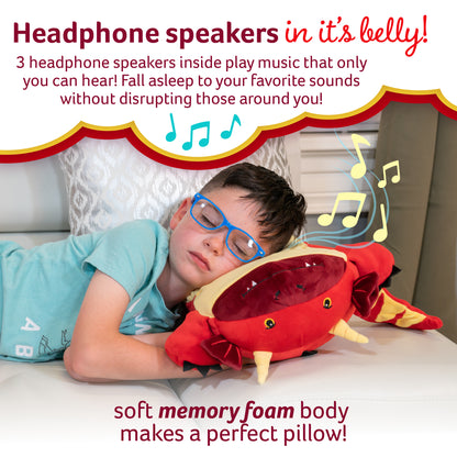 Memory Foam 15” Pillow Plush with Wireless Headphone Speakers Embedded to Play Music, Videos, or Soothing White Noise only Audible to Child Holding The Pillow - Jax The Red Dragon