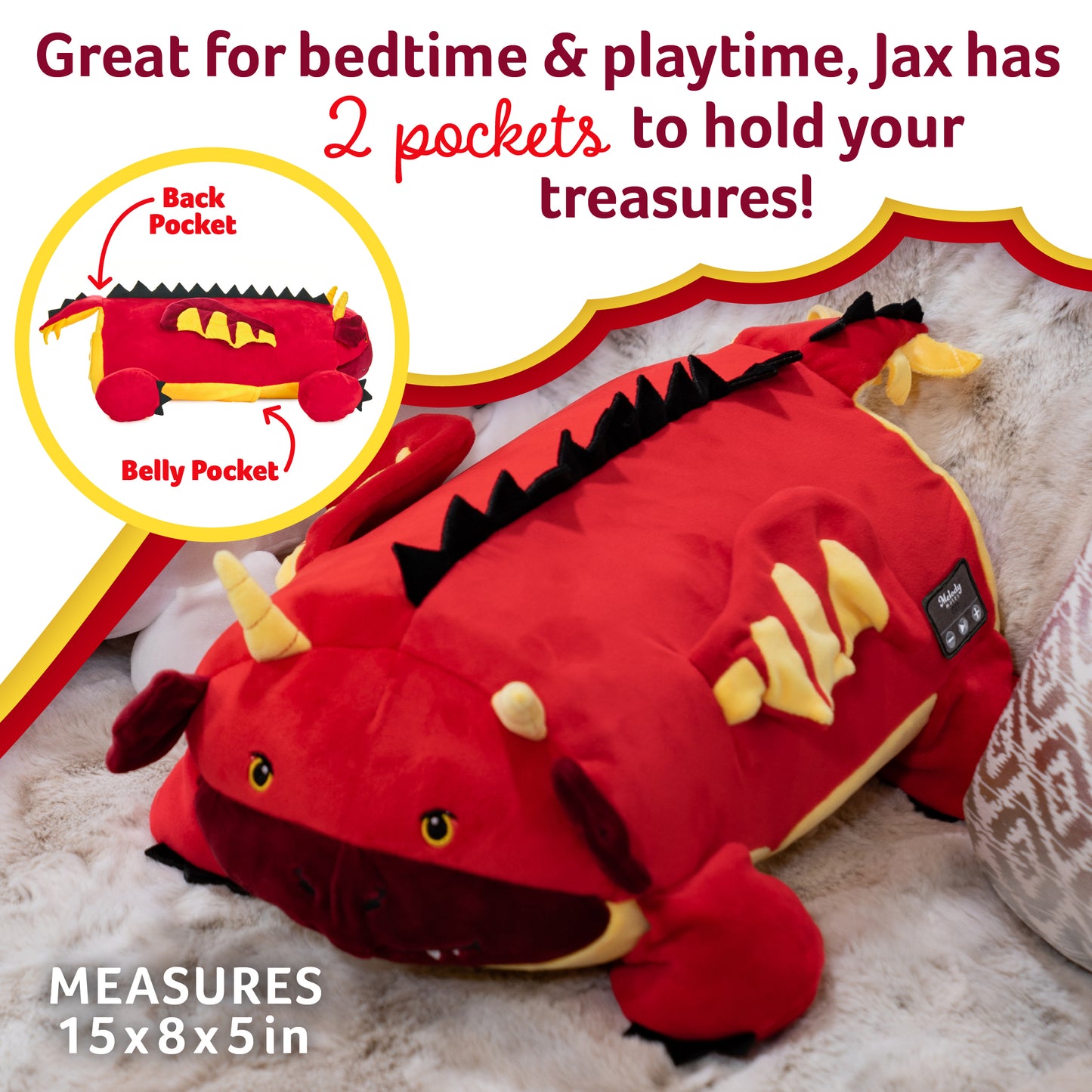 Memory Foam 15” Pillow Plush with Wireless Headphone Speakers Embedded to Play Music, Videos, or Soothing White Noise only Audible to Child Holding The Pillow - Jax The Red Dragon