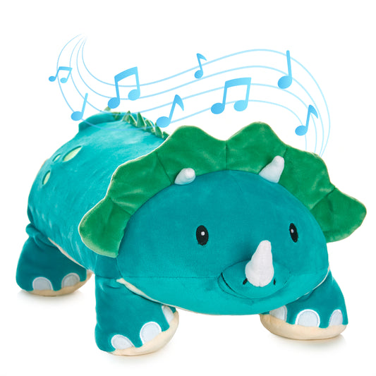 Memory Foam 15” Pillow Plush with Wireless Headphone Speakers Embedded to Play Music, Videos, or Soothing White Noise only Audible to Child Holding The Pillow - Rory The Triceratops