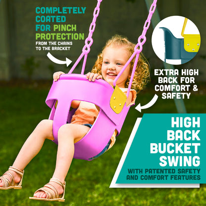 Premium High Back Full Bucket Toddler Swing Seat with Finger Grip, Plastic Coated Chains for Safety and Carabiners for Easy Install - Pink