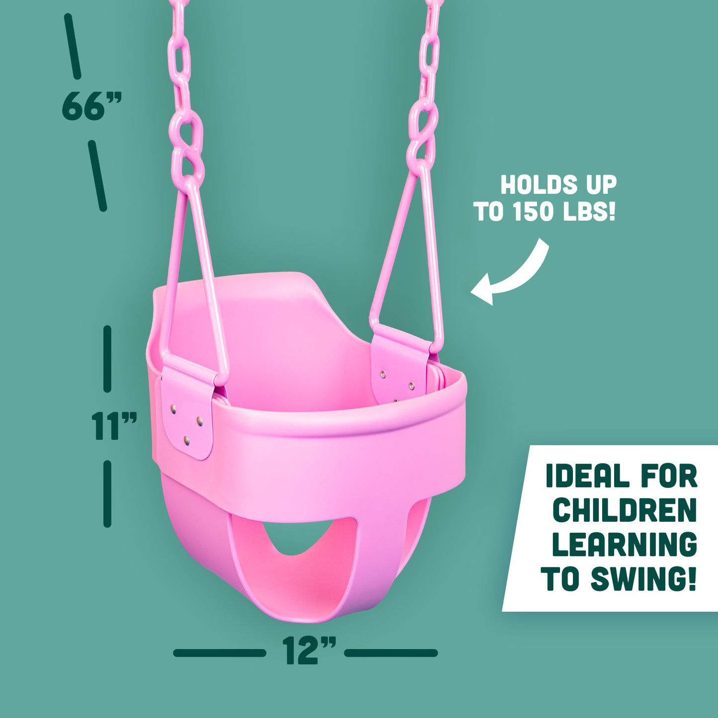 Premium High Back Full Bucket Toddler Swing Seat with Finger Grip, Plastic Coated Chains for Safety and Carabiners for Easy Install - Pink