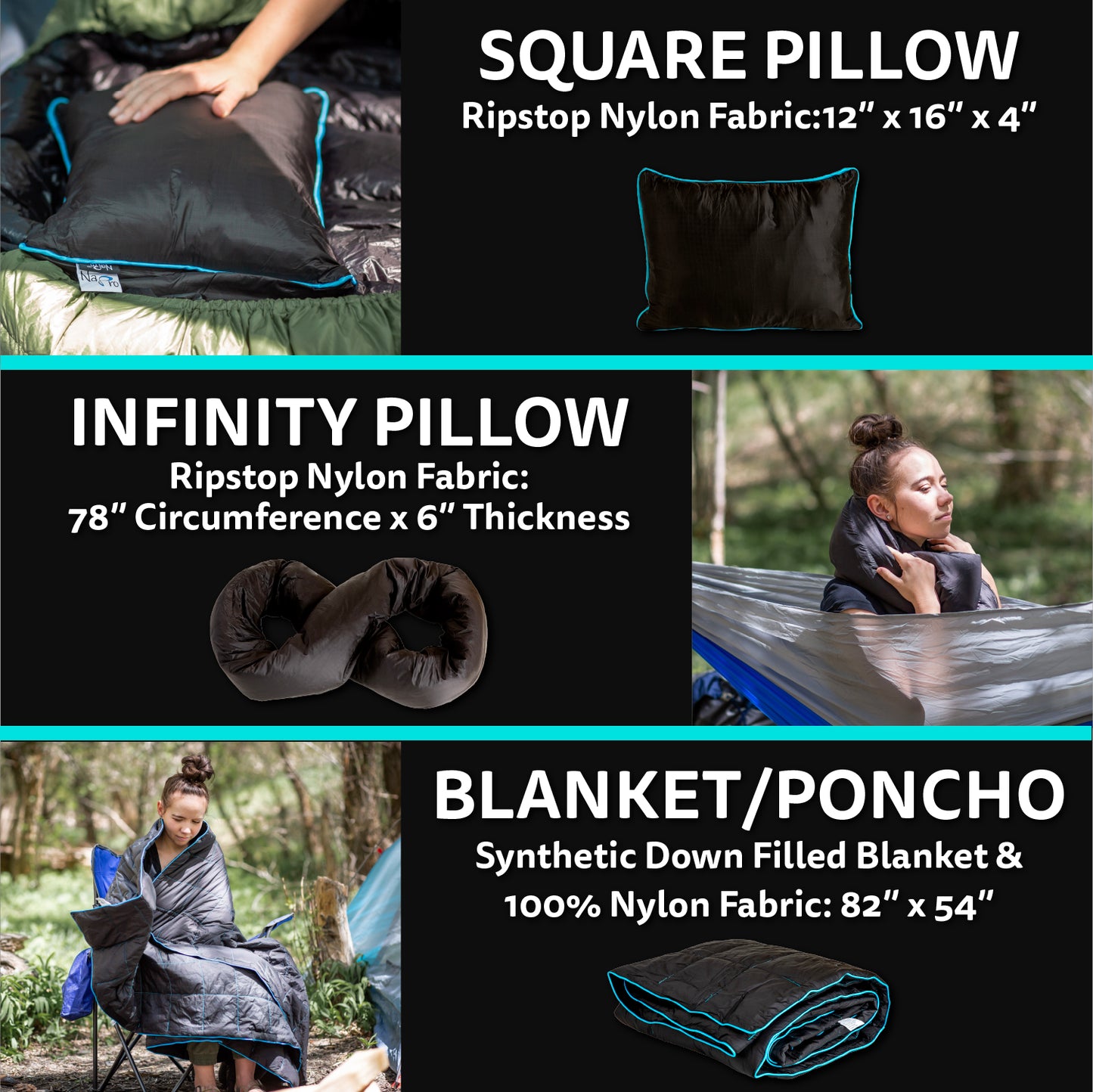 Ripstop Outdoor Camping Pillow and Blanket 3-in-1, Versatile Lightweight Nylon Waterproof Stadium Blanket, Ultralight Backpacking Essentials, Travel Blanket and Pillow Set - Black/Turquoise