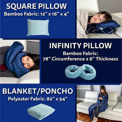 Bamboo Rayon Travel Pillow and Polyester Blanket, 3 in 1 Multi Use Infinity Pillow/Square Pillow/Micro Fleece Polyester Blanket for Comfort on Airplane, Car, Bus, and Home - Navy