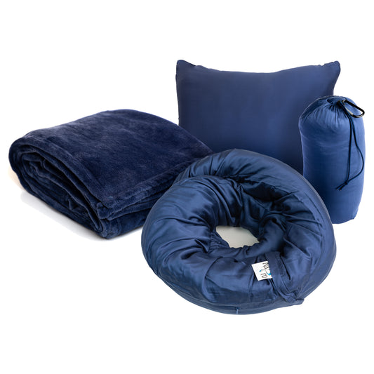 Bamboo Rayon Travel Pillow and Polyester Blanket, 3 in 1 Multi Use Infinity Pillow/Square Pillow/Micro Fleece Polyester Blanket for Comfort on Airplane, Car, Bus, and Home - Navy